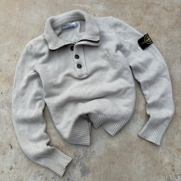 Stone Island AW2011 Lambswool 1/4 Button-Up Knitted Sweater In Snow White
